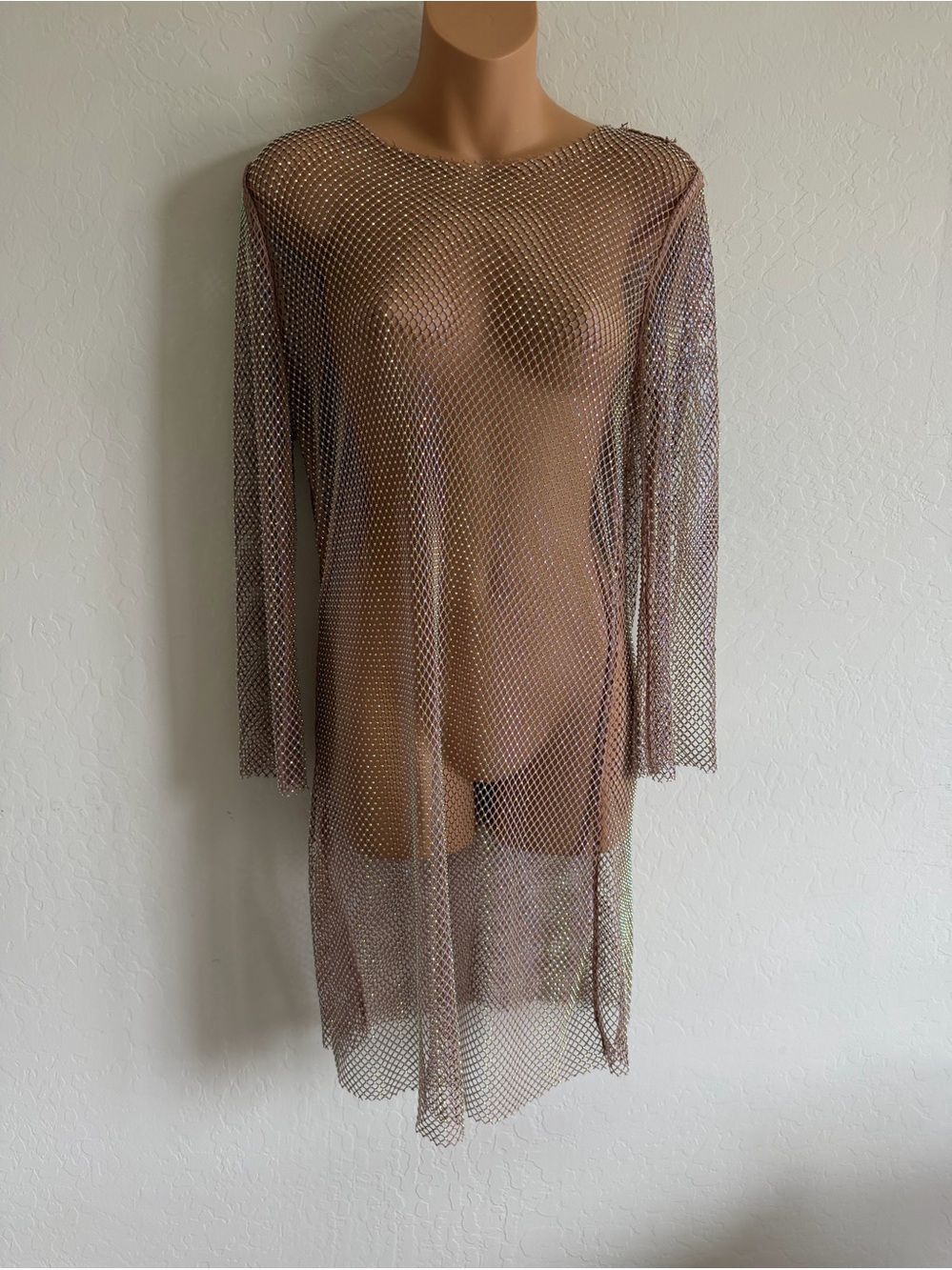 Rhinestone Fishnet Mesh Sheer Long Sleeve Mini Cover-Up Dress M